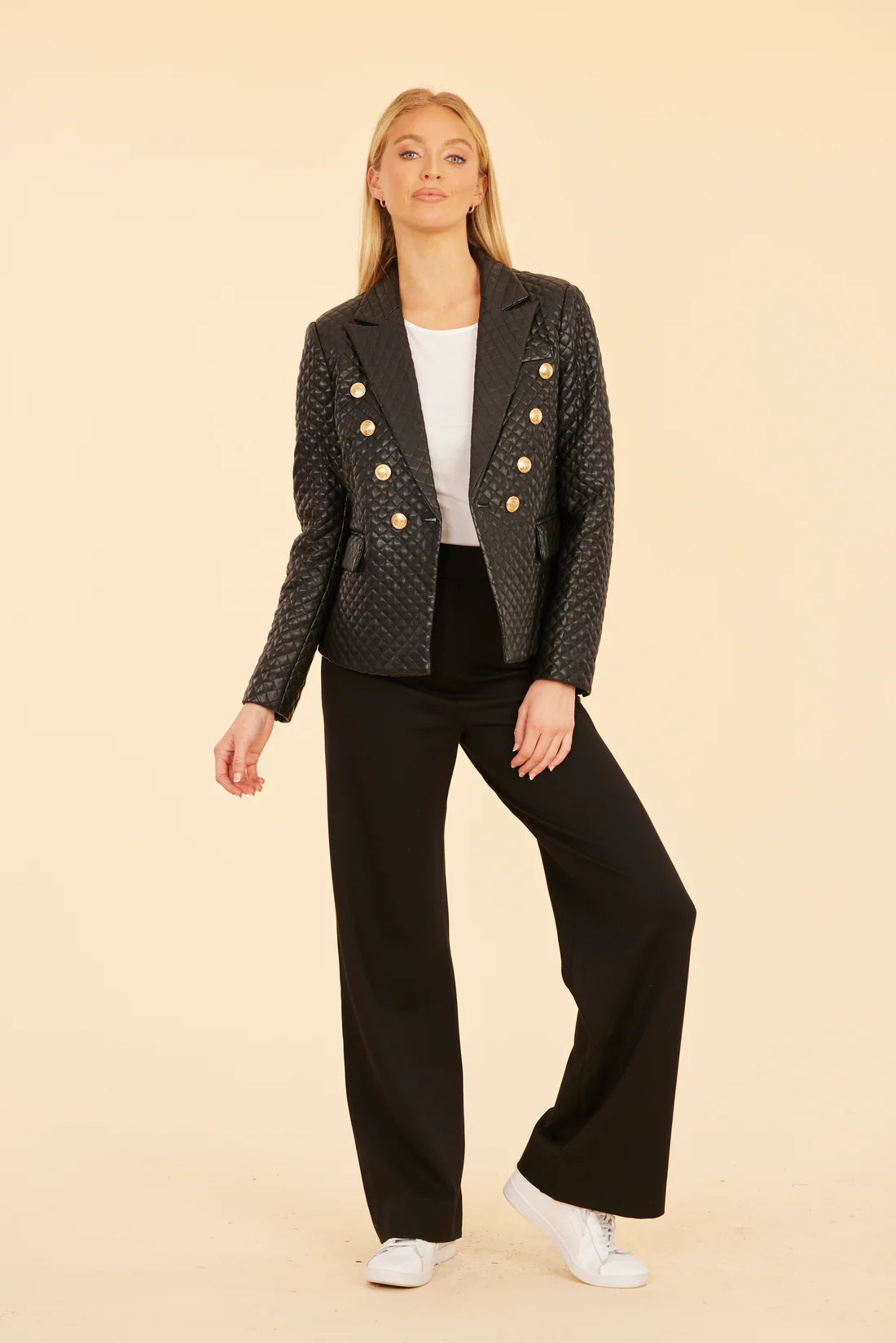 Quilted Faux Leather Double Breasted Blazer in Black