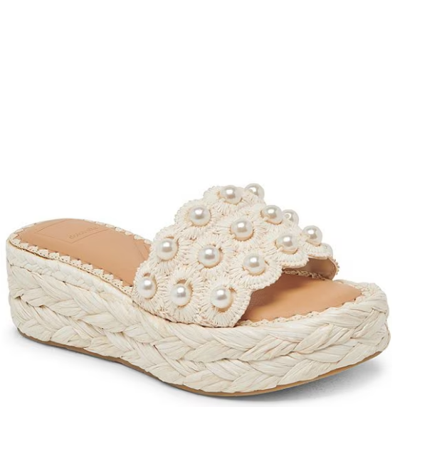 Dolce Vita Caper Pearl Embellished Raffia Platform Slide Sandals