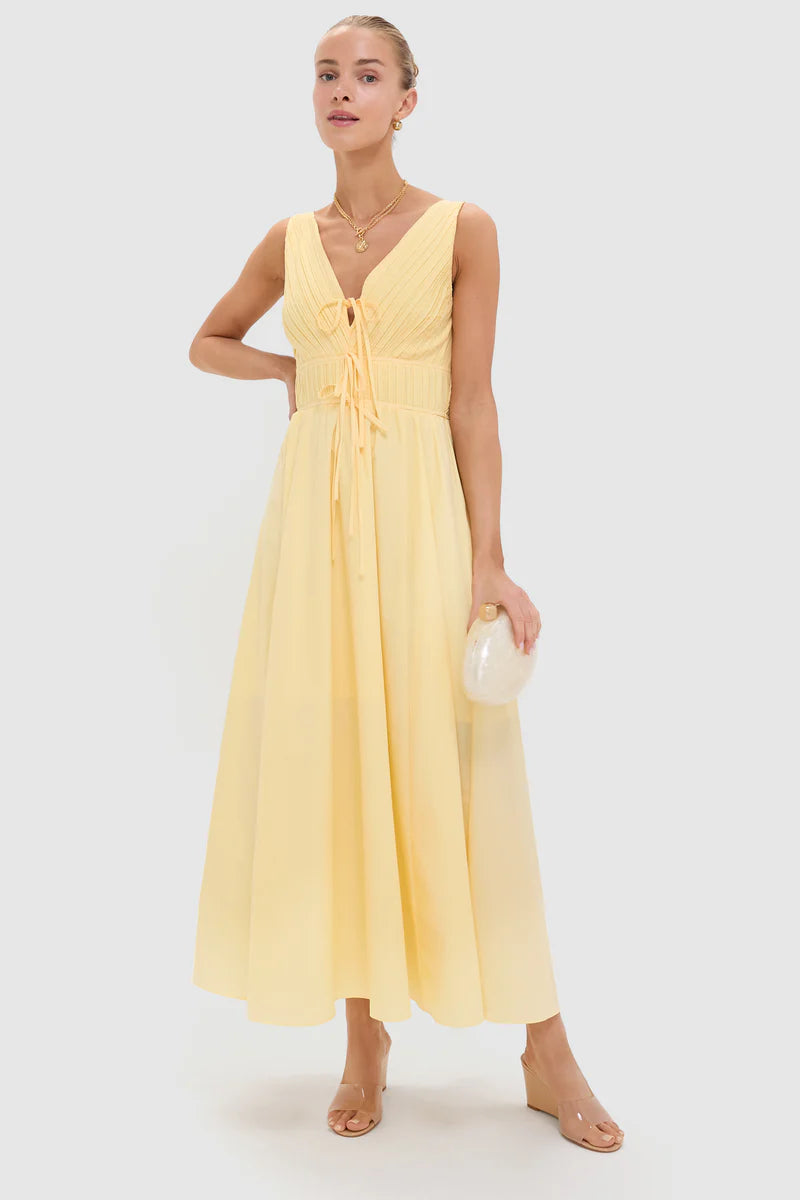Light Yellow V-Neck Pleated Midi Dress