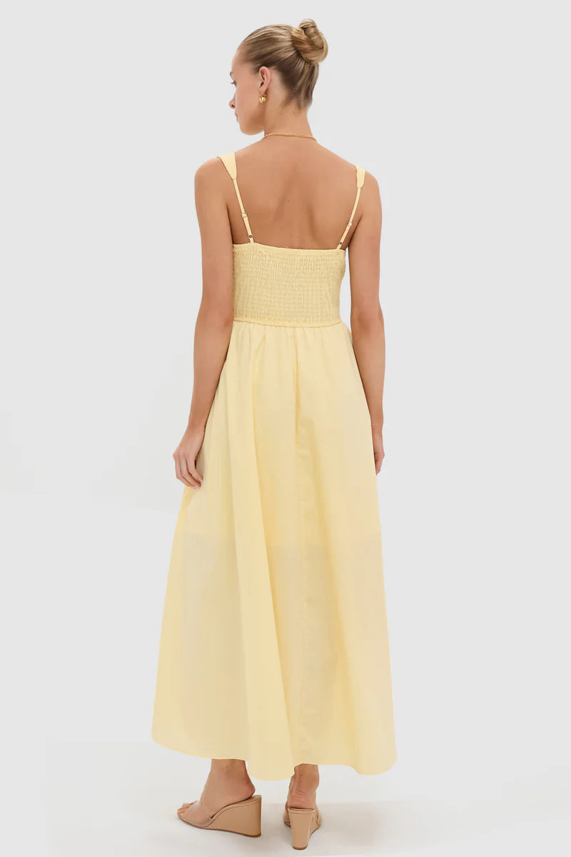 Light Yellow V-Neck Pleated Midi Dress