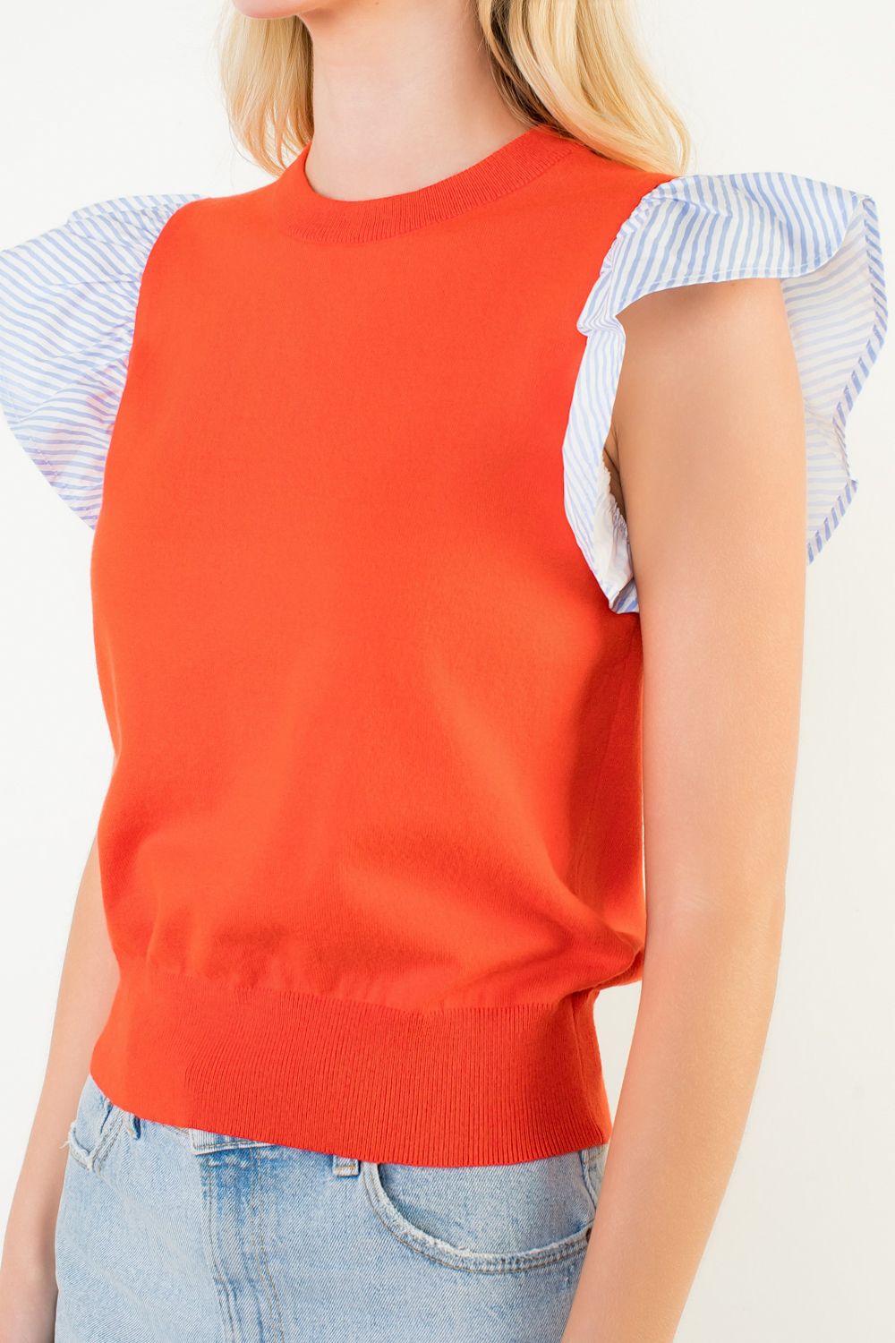 THML Plaid Flutter Sleeve Knit Top