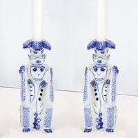 Blue & White Monkey pair of Candle Sticks- Hear No Evil