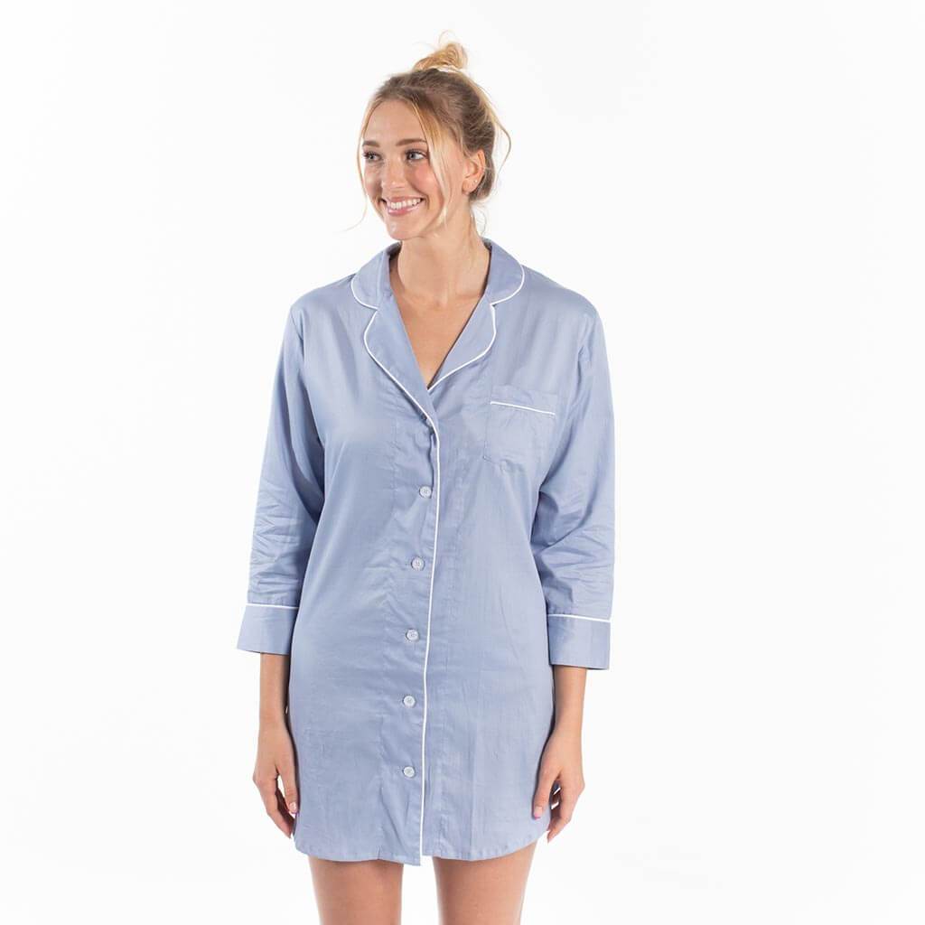 Button Down Sleep Shirt- blue with white trim