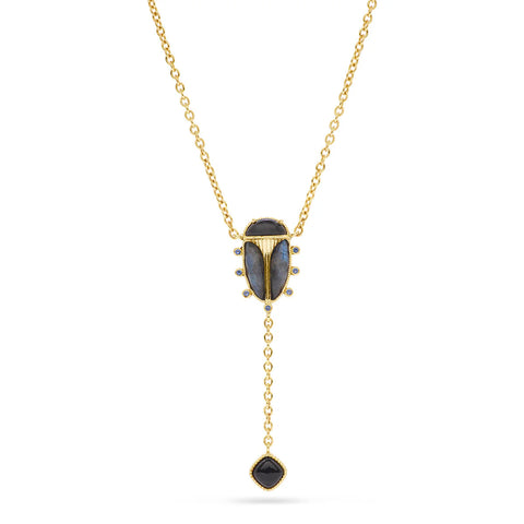 Capucine De Wulf Scarab Lariat Necklace, 18"+2" - Blue Labradorite/Black Agate