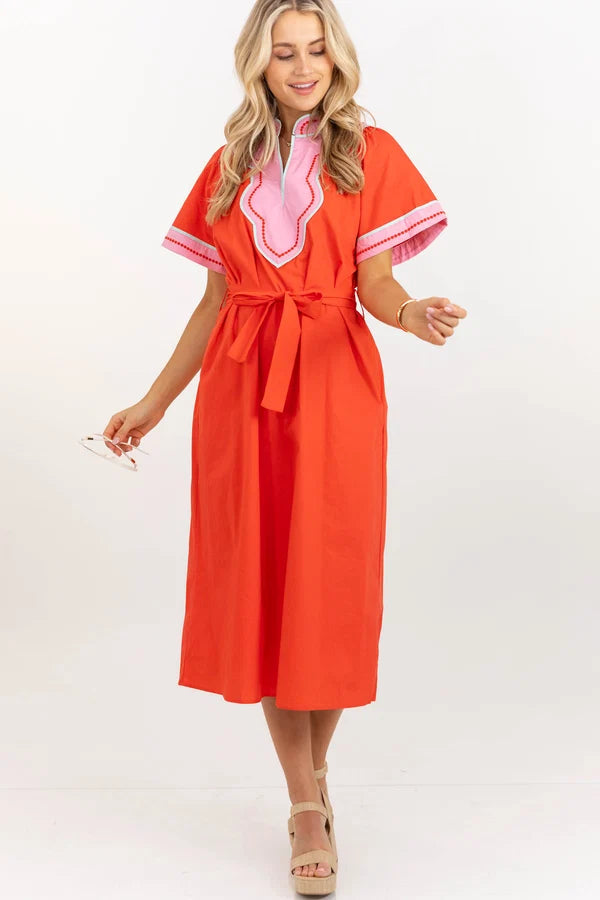THML Short Sleeve V-Neck Dress Red