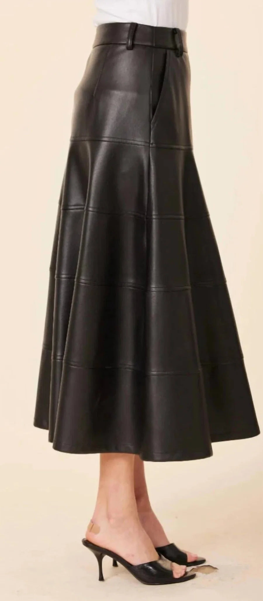 Faux Leather Full Long Skirt, Black