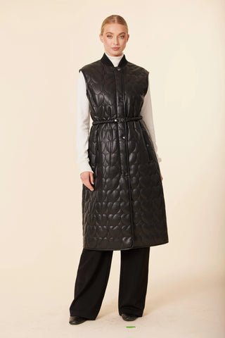Faux Black Leather Quilted Heart Long Vest
