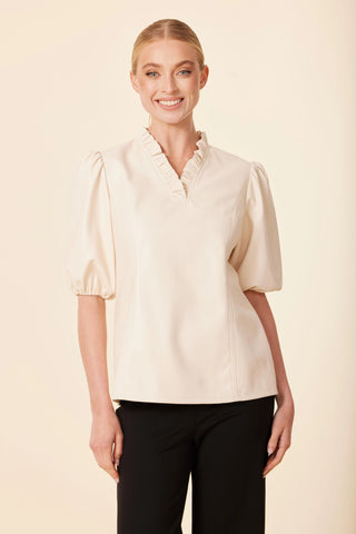 Faux Leather Ruffle Neck Top, Bone