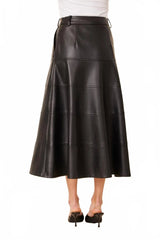 Faux Leather Full Long Skirt, Black