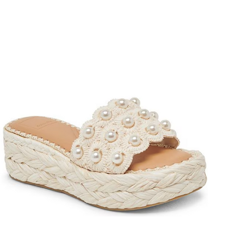 Dolce Vita Caper Pearl Embellished Raffia Platform Slide Sandals