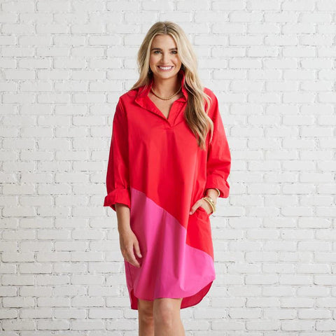 Preppy Asymmetrical Dress - Red/ Fuchsia