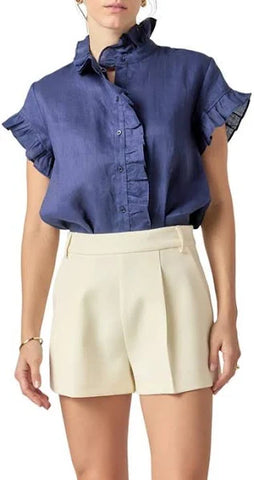 Navy Linen Ruffle Shirt