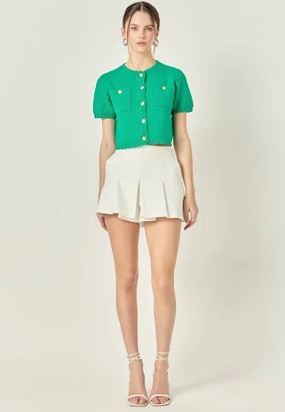 Gold Button Textured Cardigan in Green