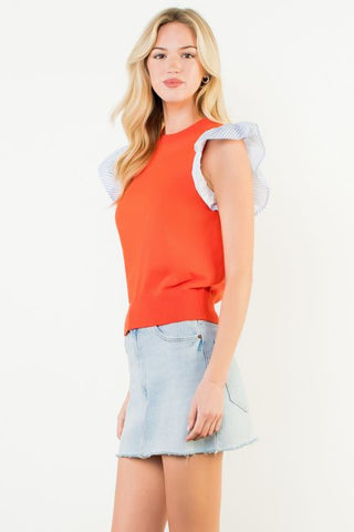 THML Plaid Flutter Sleeve Knit Top