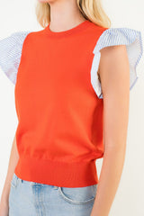 THML Plaid Flutter Sleeve Knit Top